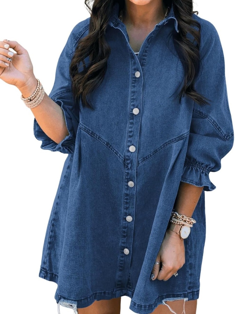 Sidefeel Women's Denim Button-Front Tunic Large Dress Blue dark Jean 3/4 sleeve